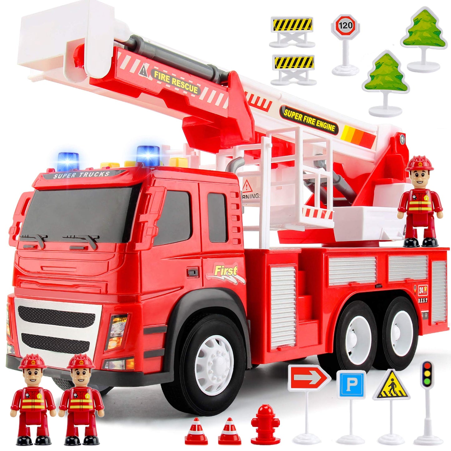 Fire Truck Playset - 1:12 Scale Large Size Toys - Realistic Fire Engine, 3 Firemen, Road Signs, Lights, Sounds - Friction-Powere