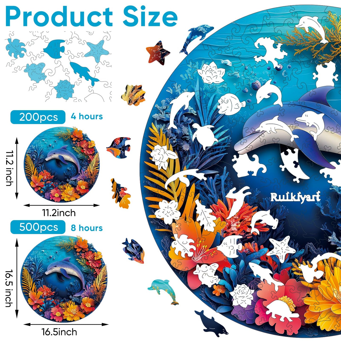 Ruikiyart Wooden Puzzles for Adults, 5MM 200 Pieces Dolphin Wooden Jigsaw Puzzles, Sea Animal Unique Shaped Puzzle Gifts for Adu