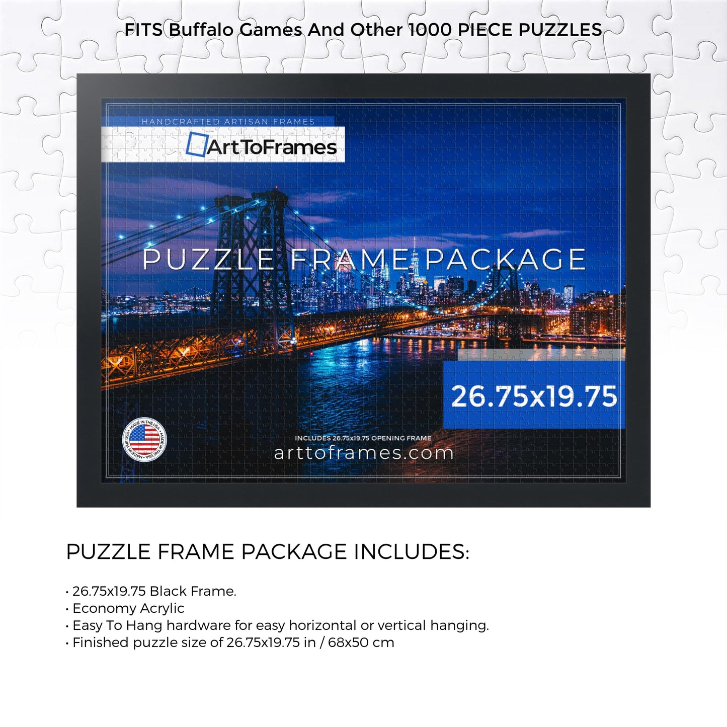 ArtToFrames 26.75x19.75 Black MDF Puzzle Frame with Economy Acrylic for 1000 Piece Puzzles - Custom Size and Design