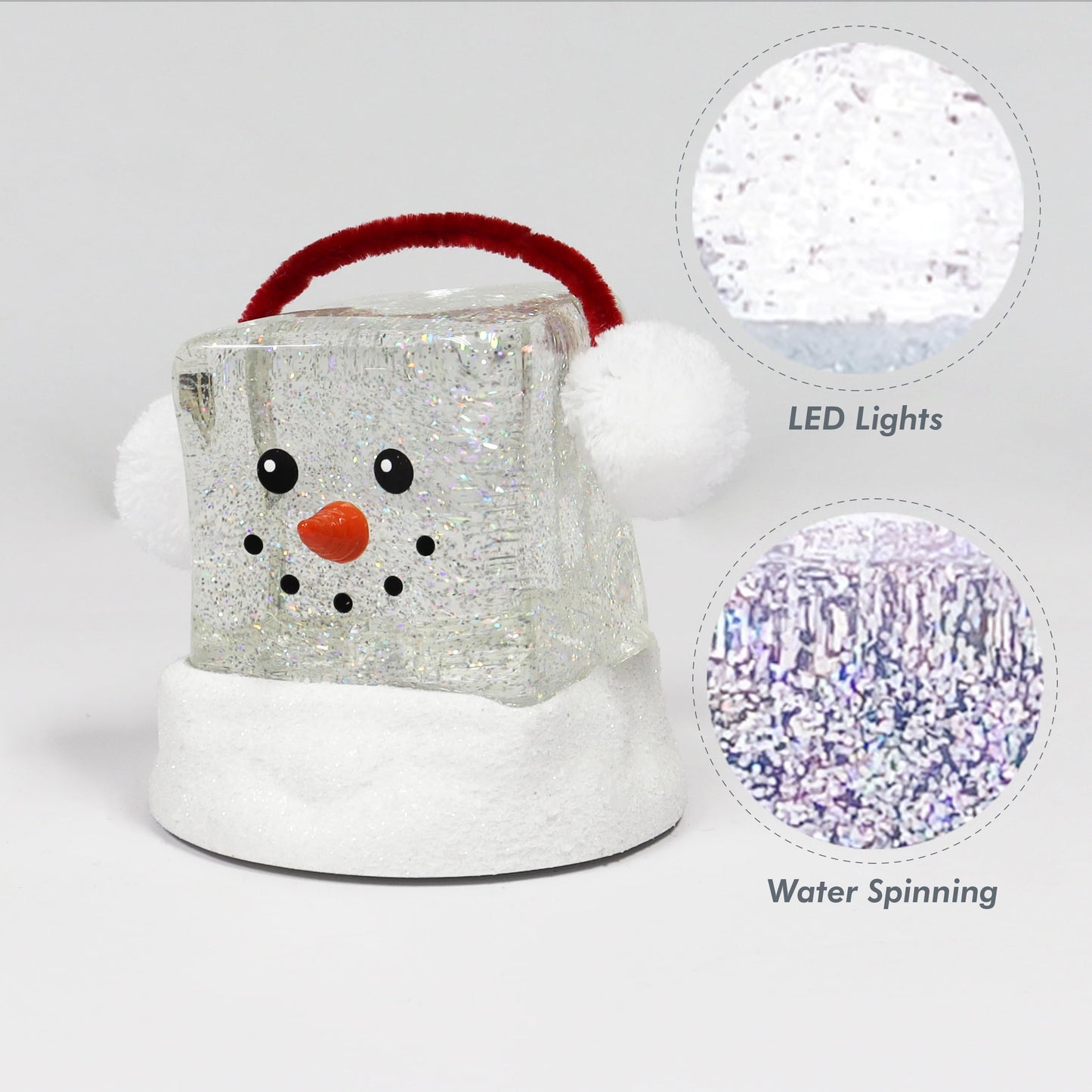 MOMENTS IN TIME 6.9H Acrylic Ice Cube Snowman - LED Lights, Water Spinning Glitter, Battery Operated