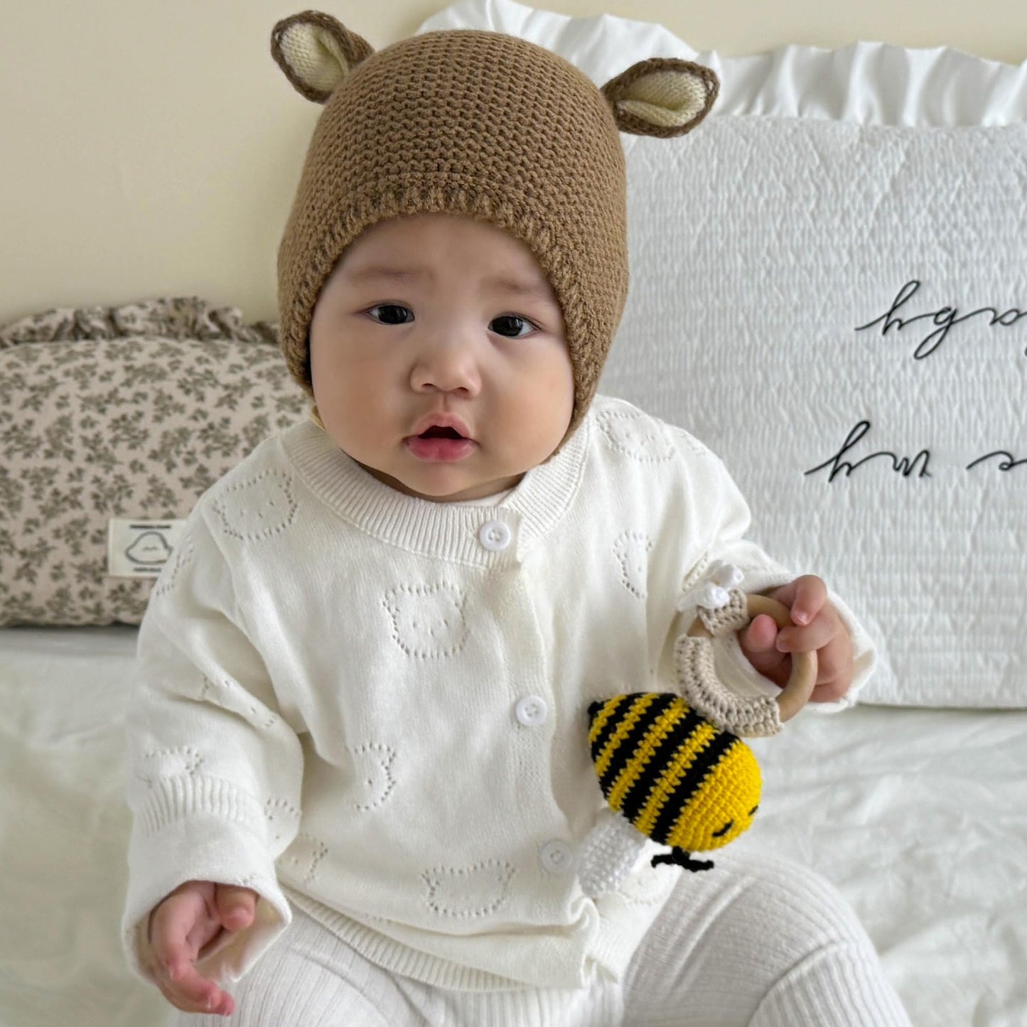 Dicha Crochet Bee Baby Rattle - Sensory Toy For Babies - Ideal For Baby Shower - Includes Beech Teething Ring