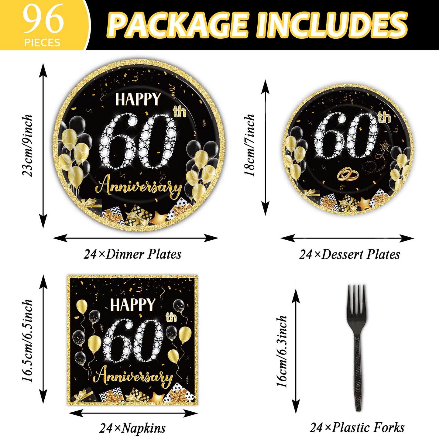 chiazllta 96 Pcs 60th Wedding Anniversary Party Paper Plate and Napkins Supplies Gold Black Disposable Tableware Anniversary Par