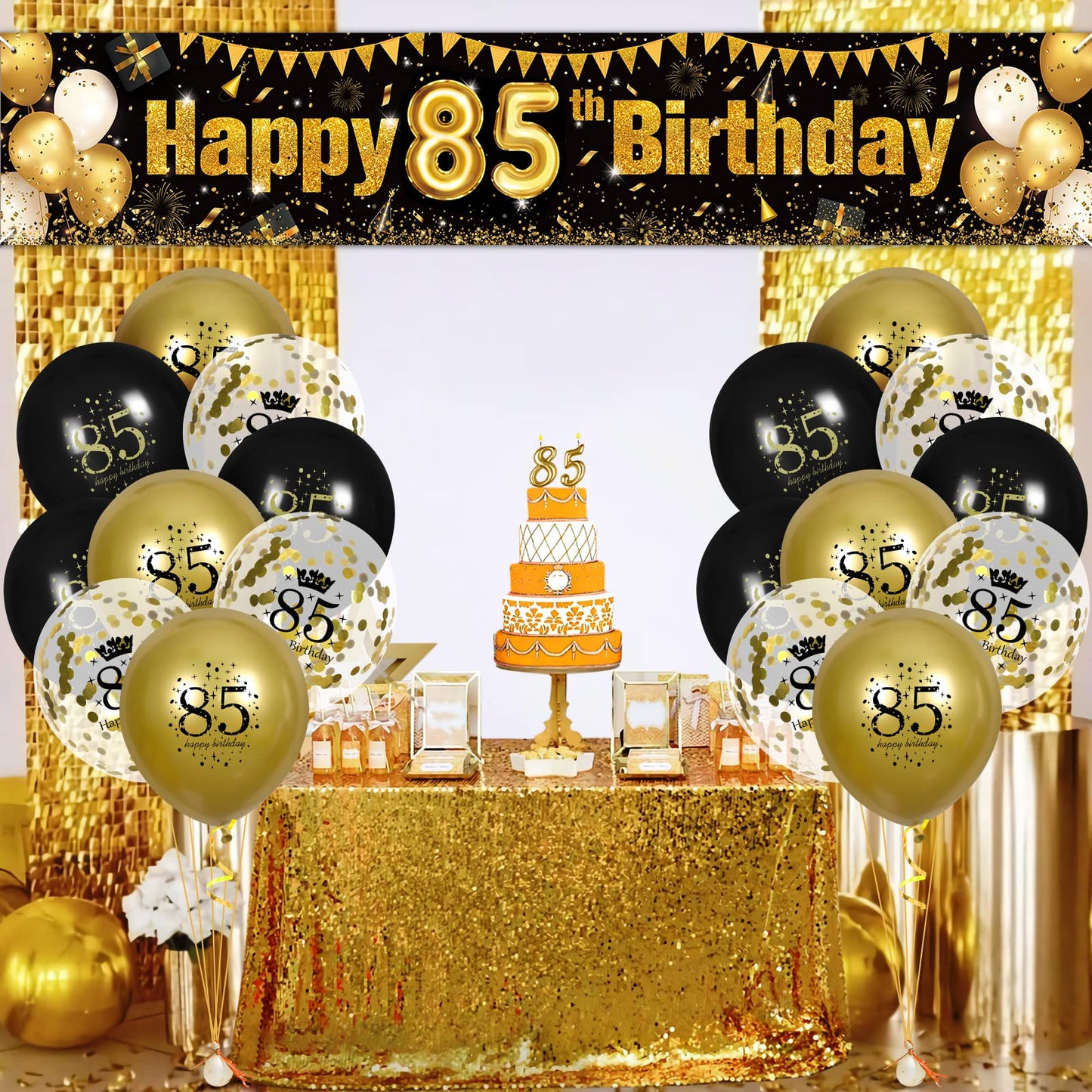 Black Gold 85Th Birthday Decorations For Men Women, Black And Gold Birthday Yard Banner Sign And 18 Pcs 85Th Happy Birthday Balloons For 85Th Anniversary Birthday Party Supplies Outdoor Yard Decor