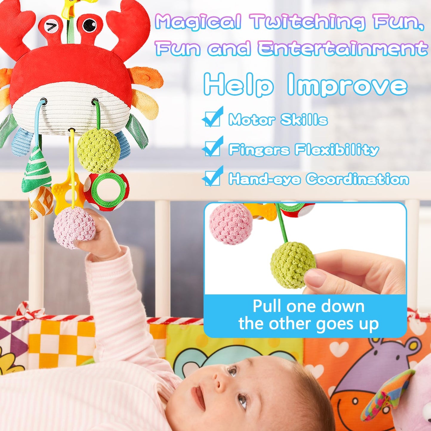 Shozaar Car Seat Toys For Babies 0-6 Months, Crab Stroller Toy With Clamp,Mirror, Little Bell, Rattles, Crinkle, Squeaky,Baby Ne