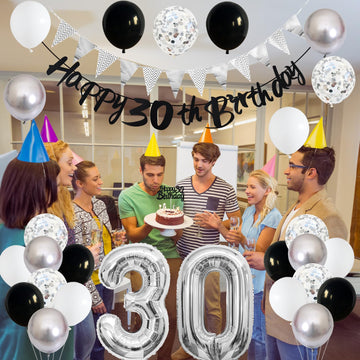 30Th Birthday Decorations For Women Men, Happy 30Th Birthday Banner With Black Silver White 30Th Birthday Balloons Birthday Cake