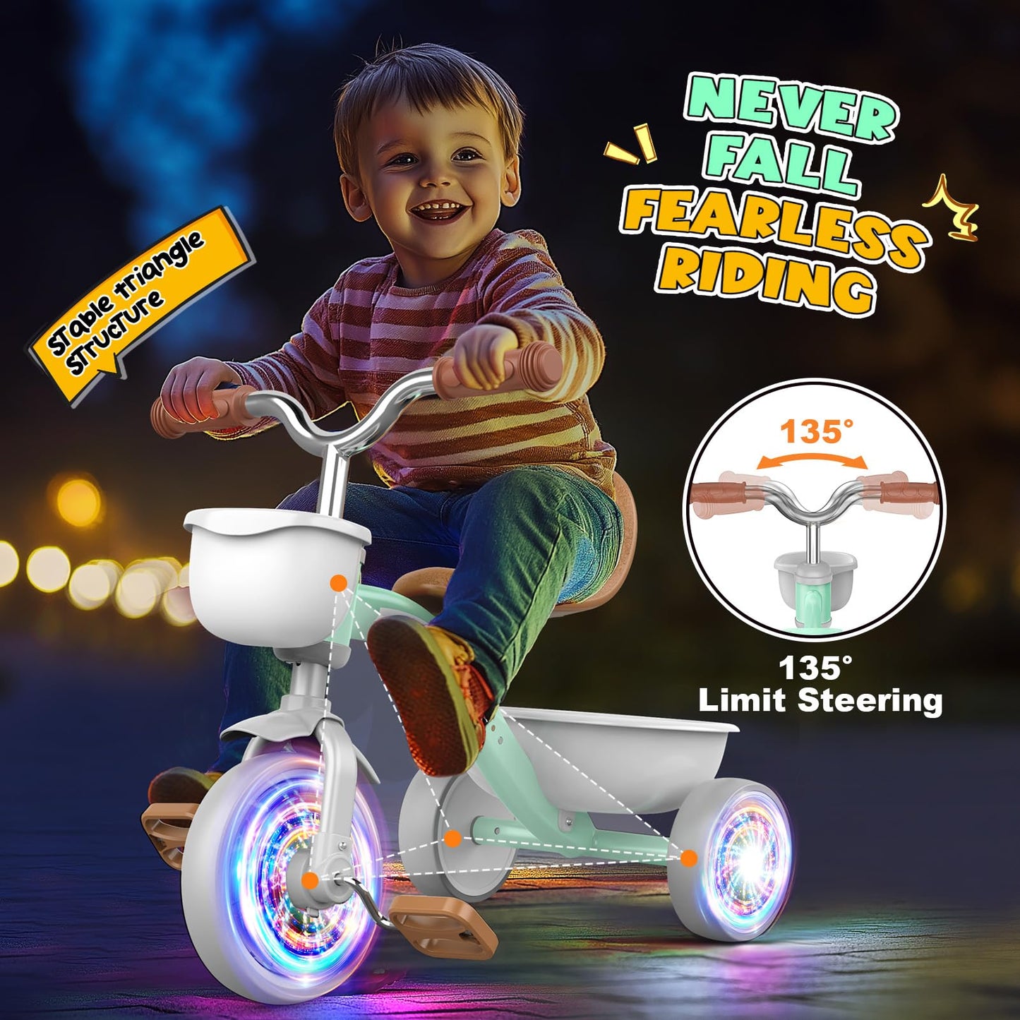 Kkdi Toddler Tricycle, 4-Level Adjustable Seat, Green, Model WJ121503, for Ages 1-5, Perfect Birthday Gift for Boys & Girls