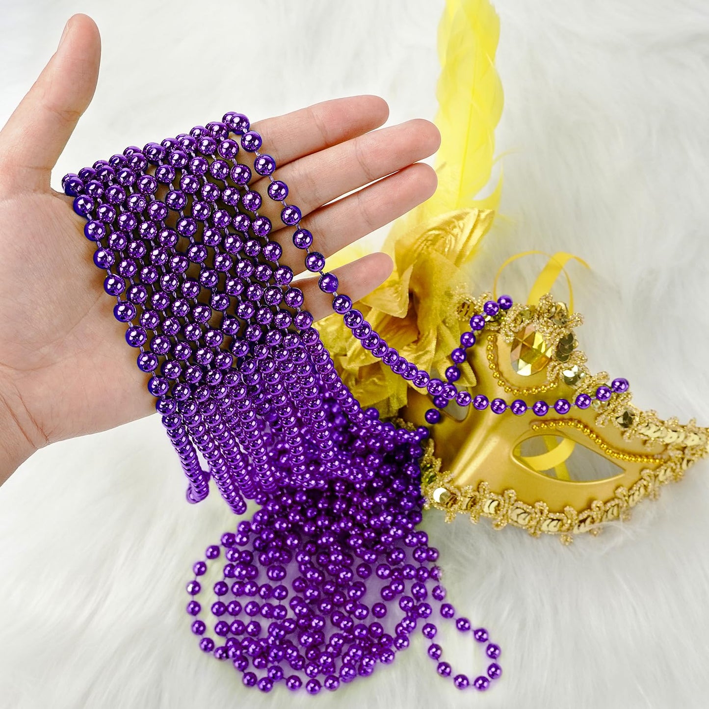 Shaoqinlin 144 Pcs Purple Mardi Gras Beads, 33'' 7 Mm Metallic Purple Bead Necklaces Halloween Beaded Necklaces Purple Party Bea