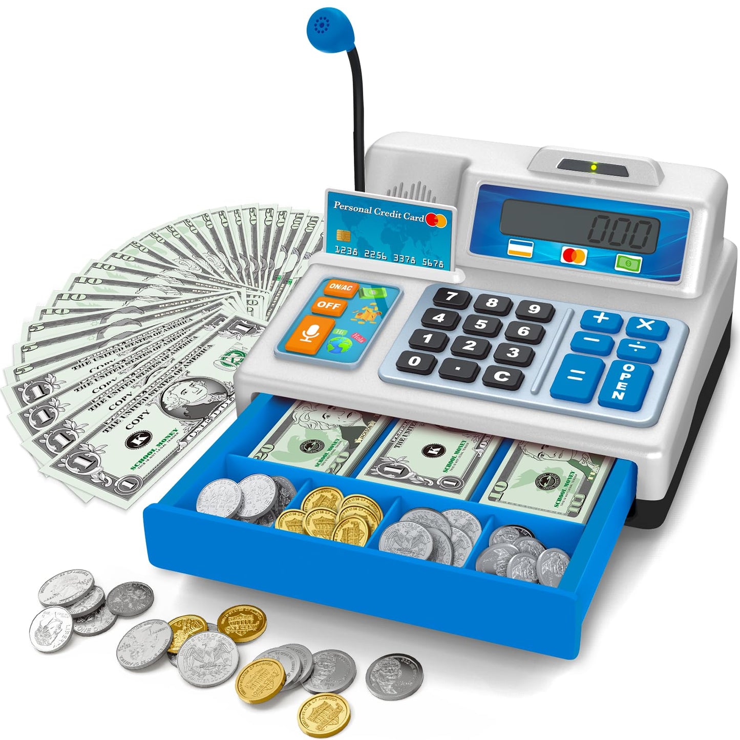 Calculator Cash Register - 103 Pcs Toy Cash Register, Store Set With Microphone, Credit Card And Banking For Kids, Early Math Sk