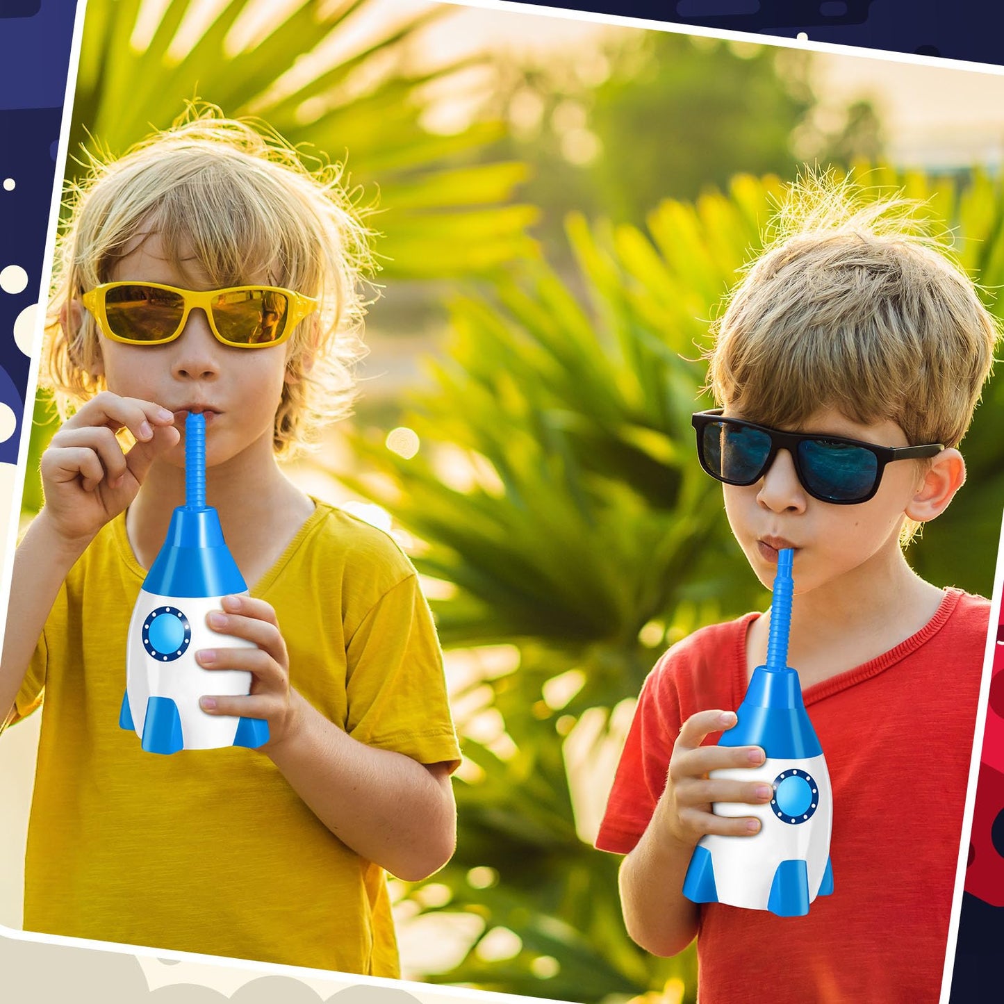 Tanlade Space Cups Bulk Plastic Rocket Shape Cups Rocket Bottles with Straws Universe Themed Party Favor Gift Supplies, Reusable