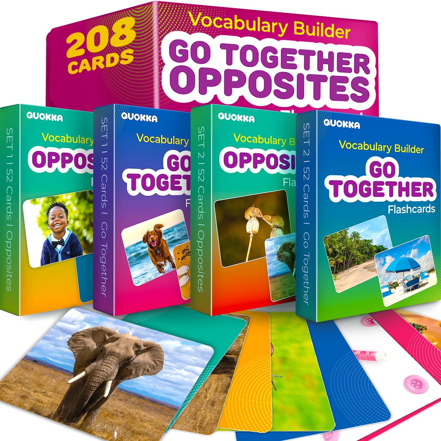 QUOKKA 208 Vocabulary Flash Cards Set - Go Together and Opposites Matching Card Game with Realistic Images for Pre-K and Kinderg