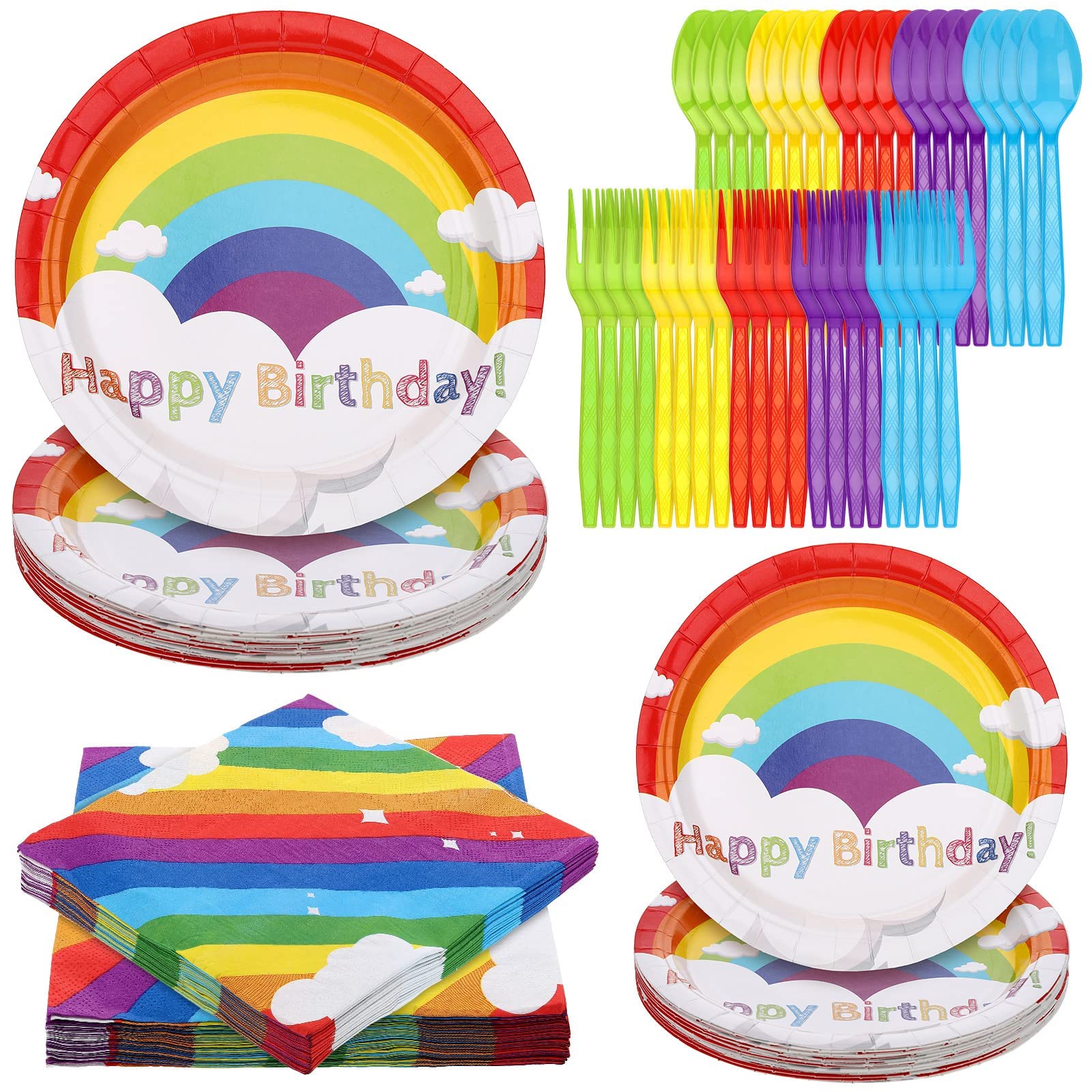 Spiareal Pcs Rainbow Party Supplies Include 7 Inch Rainbow Party Plates 9 Inch Party Plates Napkins Tableware Forks Spoons for 2