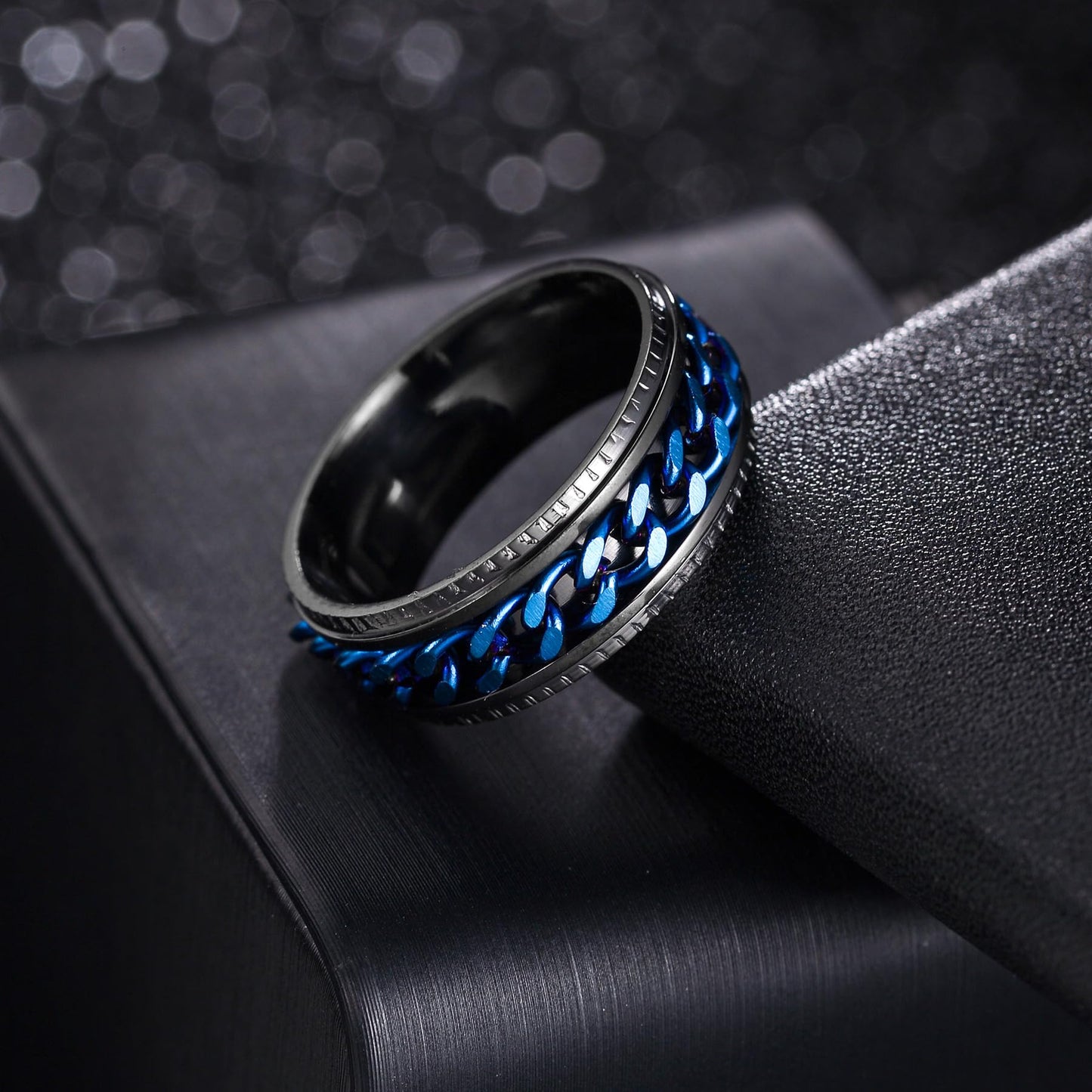 Udolfly Mens Fidget Rings Anxiety Rings For Men Womens Chain Spinner Rings For Adults Titanium Steel Ring Black Blue Size 9
