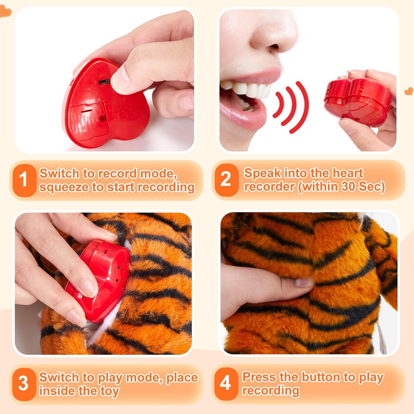 Cozyworld 13' Heartbeat Tiger Recordable Stuffed Animals Voice Sweet Messages Recorder Soft Plush Toy Playback Your Words Birthday Gifts For Toddler Kids