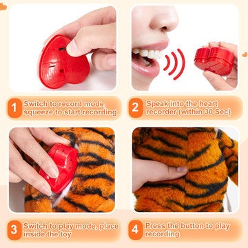 Cozyworld 13' Heartbeat Tiger Recordable Stuffed Animals Voice Sweet Messages Recorder Soft Plush Toy Playback Your Words Birthday Gifts For Toddler Kids