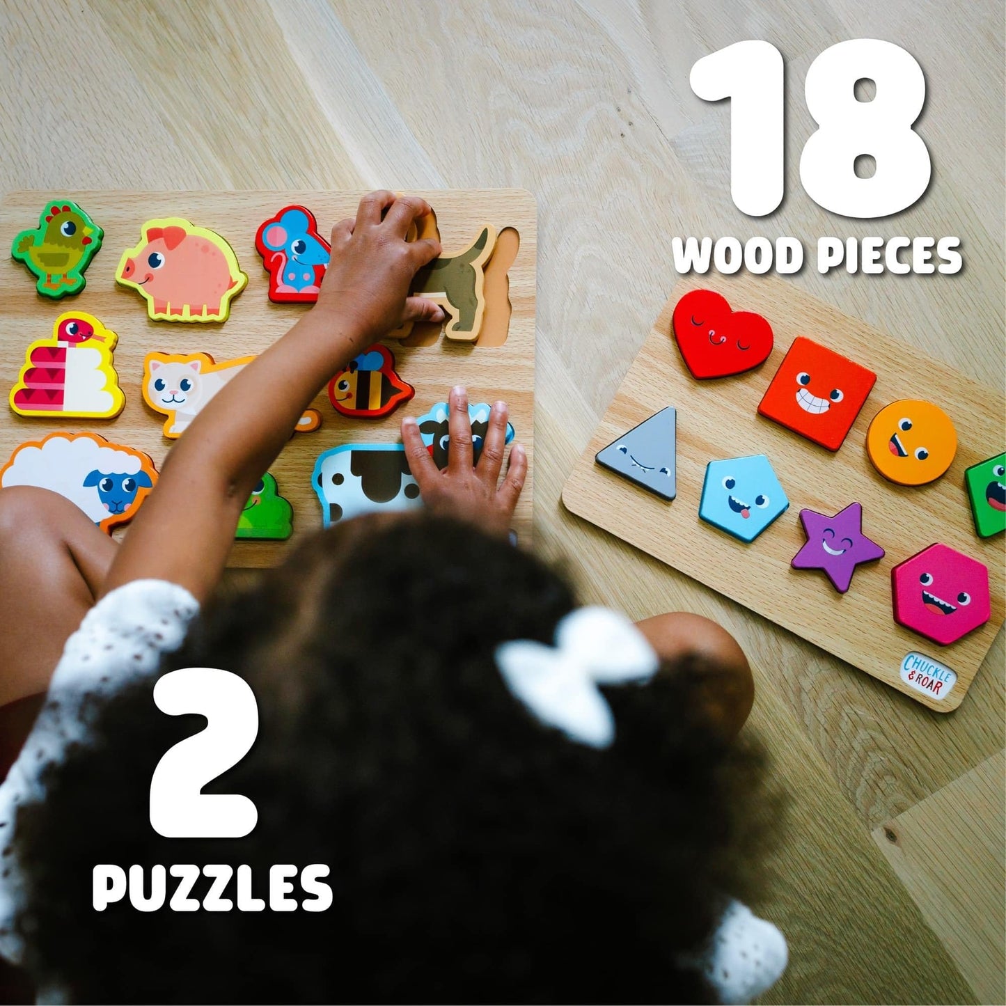Chuckle & Roar Jigsaw Wooden Puzzles 2 Pack - Shapes & Animals - Educational for Toddlers 3+ - 13.25"x9.25" & 10.25