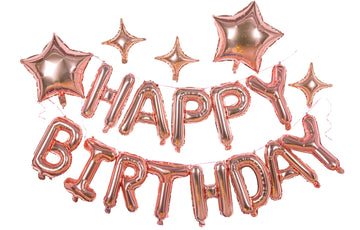 23Pcs Birthday Balloons Banner, 3D Rose Gold Mylar Foil Letter Happy Birthday Banner With 5Pcs Star Balloons Kits For Kids Girls