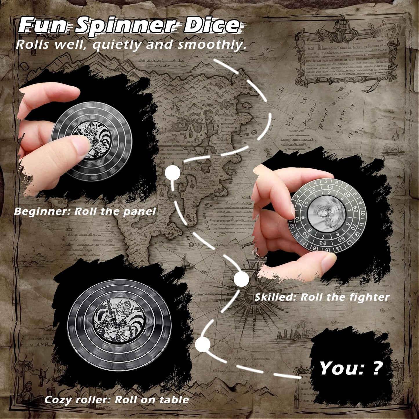 PJOY 7-in-1 Metal DND Spinner Dice Set - Black - Built-in D4, D6, D8, D10, D12, D20 for Dungeons & Dragons Gifts