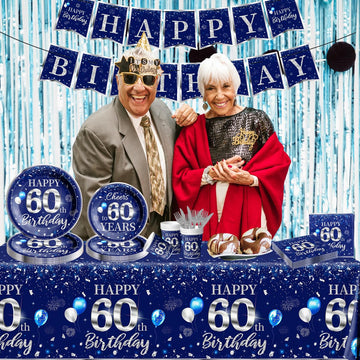 142 Pcs 60Th Birthday Tableware Set Decorations Sliver And Blue 60Th Happy Birthday Party Supplies For Men Women Birthday Tablec