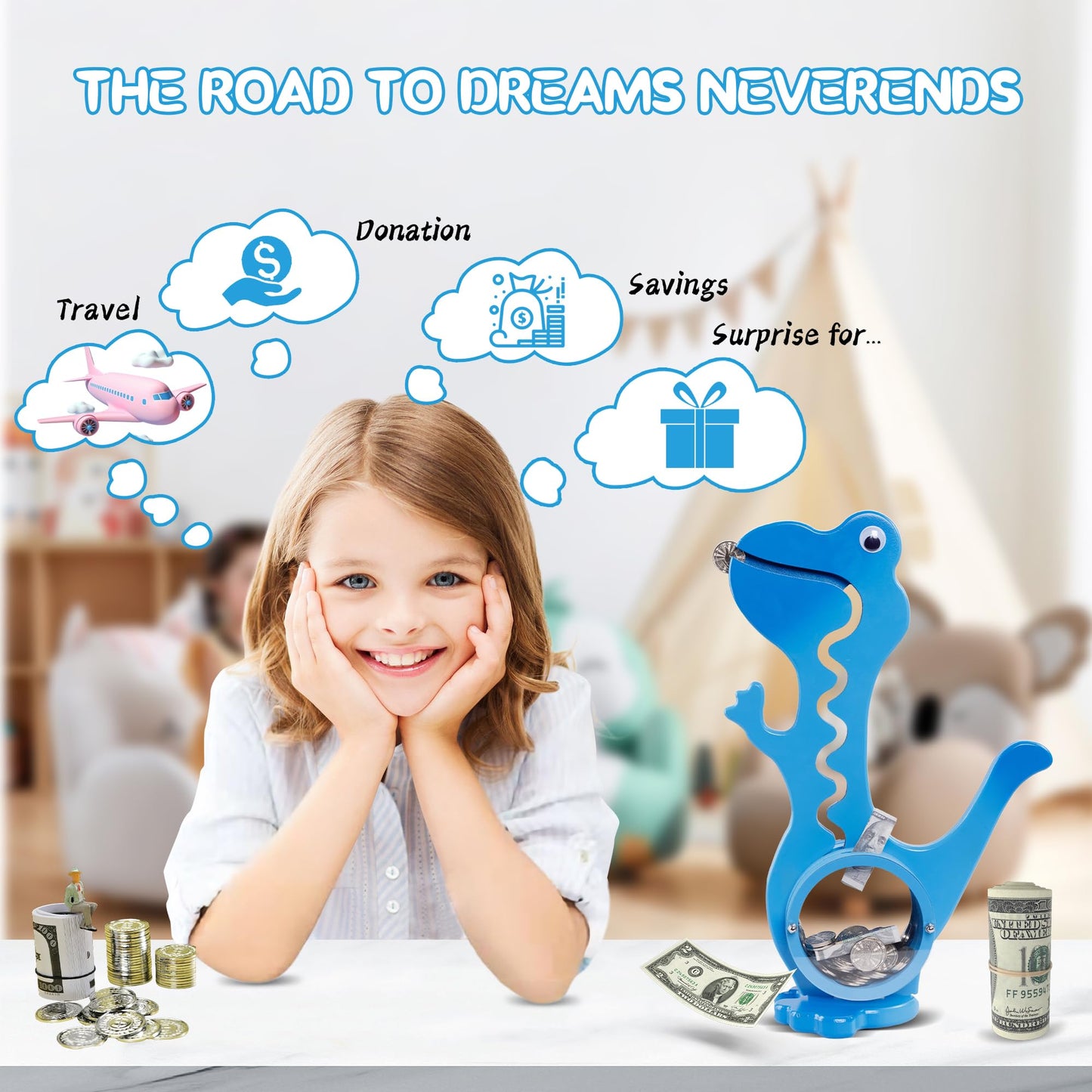 squacco Dinosaur Piggy Bank Boalord for Girls Boys Kids Big Animal Personalized Wooden Coin Bank Money Saving Box for Children mature-themed Best Toy Gift(Dino -Blue)