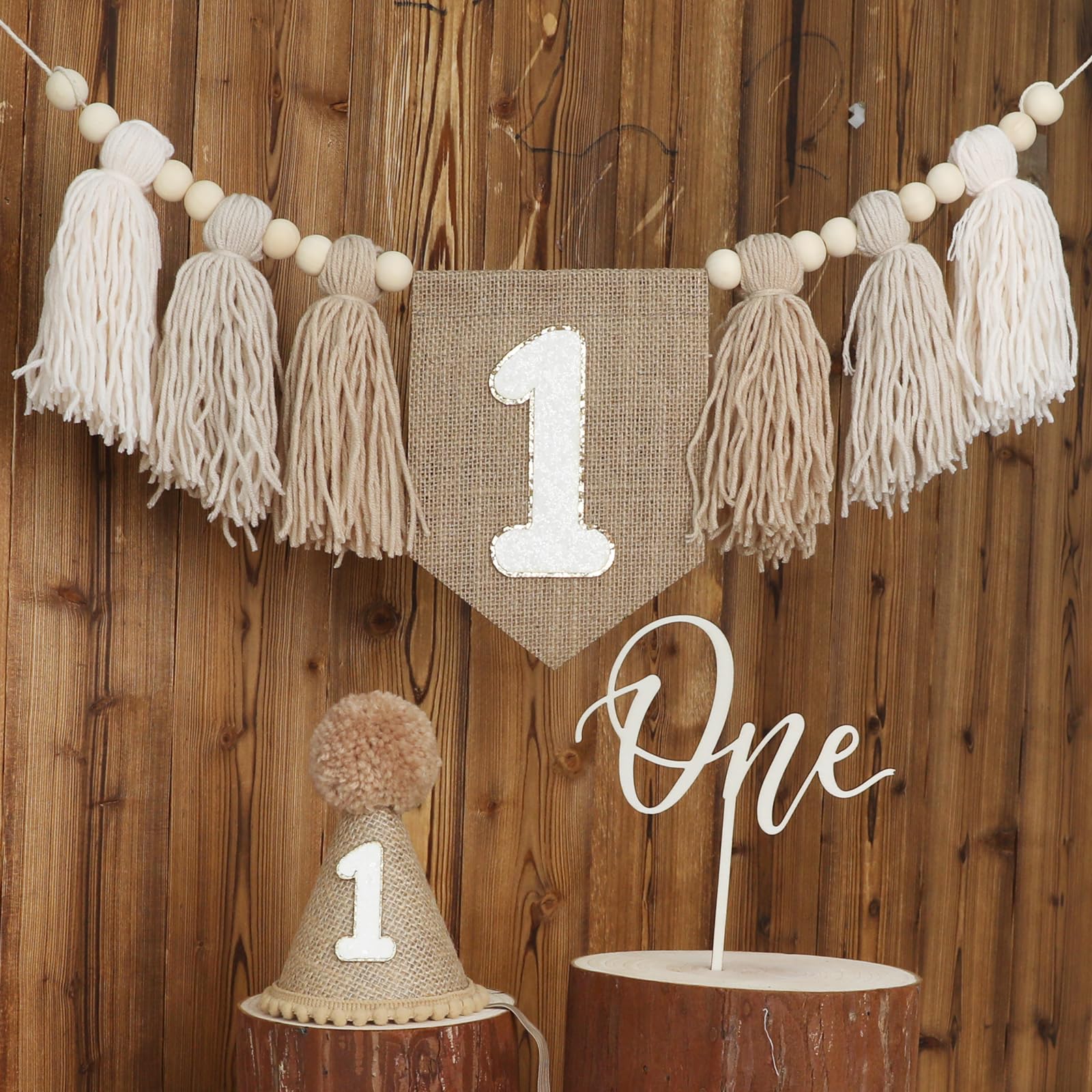 1St Birthday Decorations Boys High Chair Banner With One Cake Topper Brown Conical Hat For First Party
