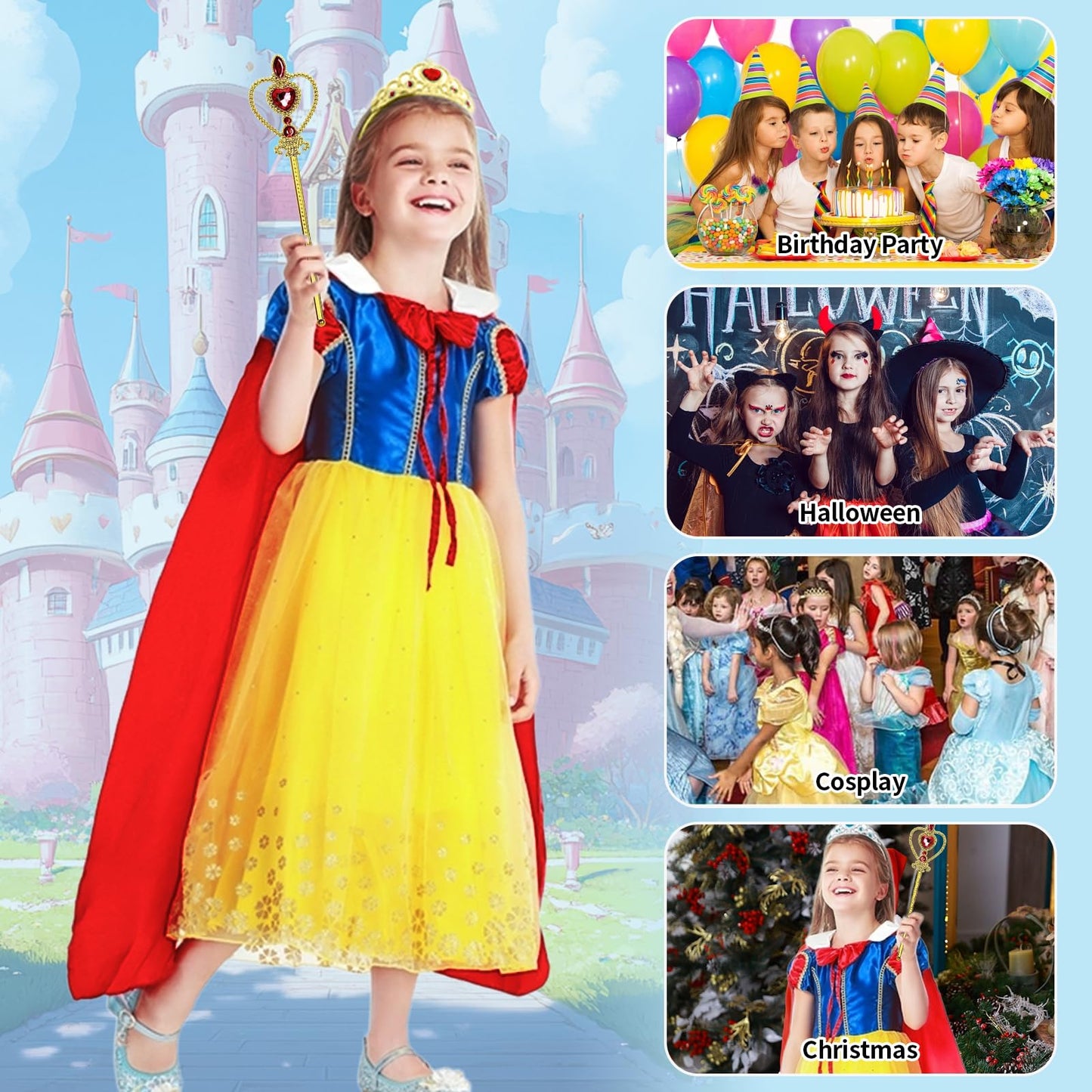 Chektin Princess Dress for Girls Halloween Costume Toddler Kids Birthday Party Cosplay Outfit with Accessories Yellow 3-4T