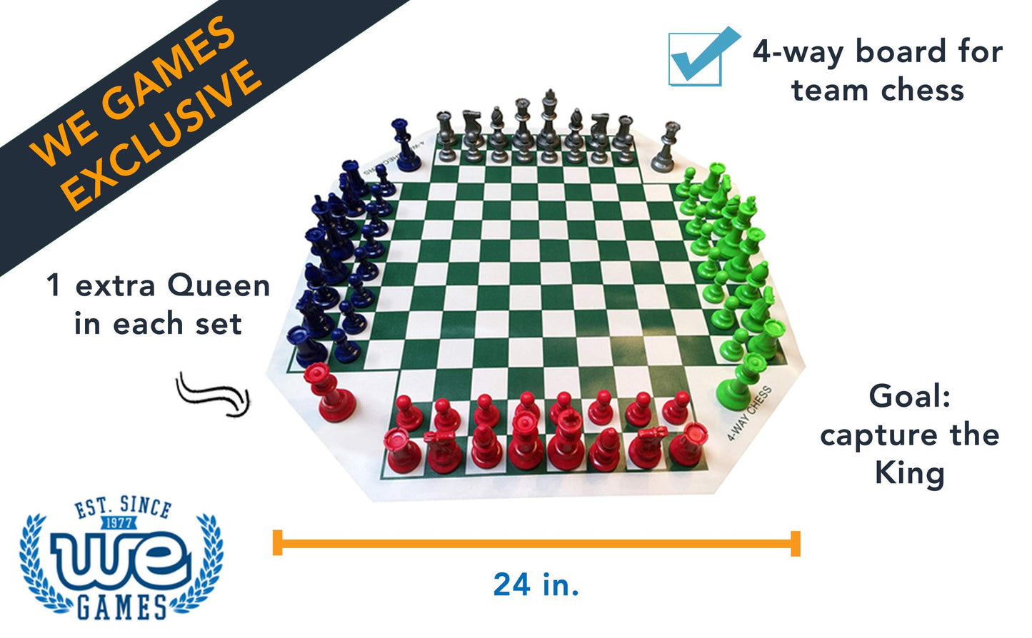WE Games Four Player Chess Set - Navy Blue Vinyl Roll Up Mat with 4 Sets of Pieces for Team Chess Fun