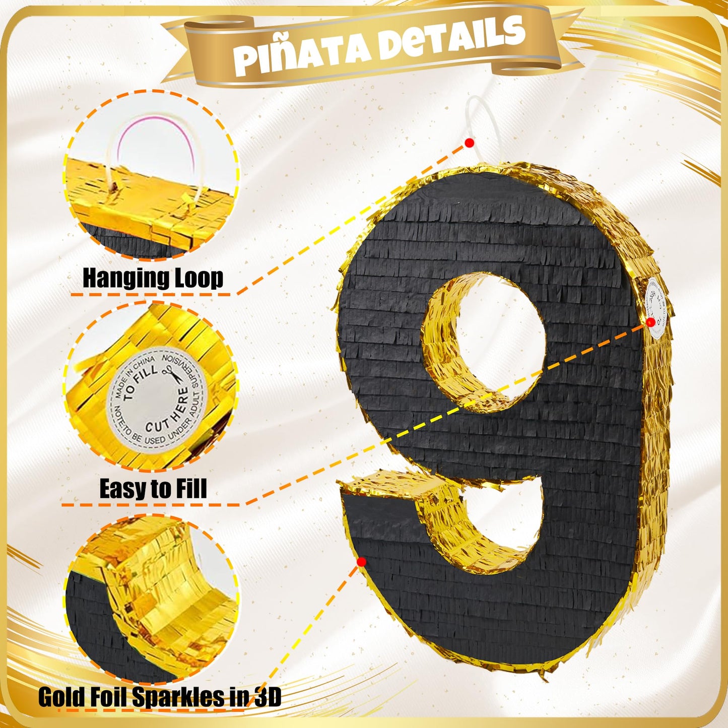 PCFING 20 Inch Number 9 Piñata - Gold & Black with Stick, Blindfold & Confetti for Birthday Parties & Celebrations