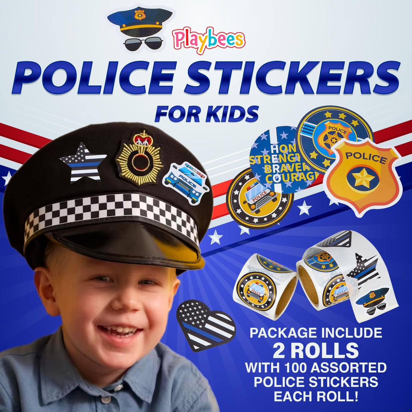 Playbees Police Stickers For Kids - 200 Pack Of Law Enforcement Themed Designs - Kids' Educational Arts And Crafts, Back To Scho