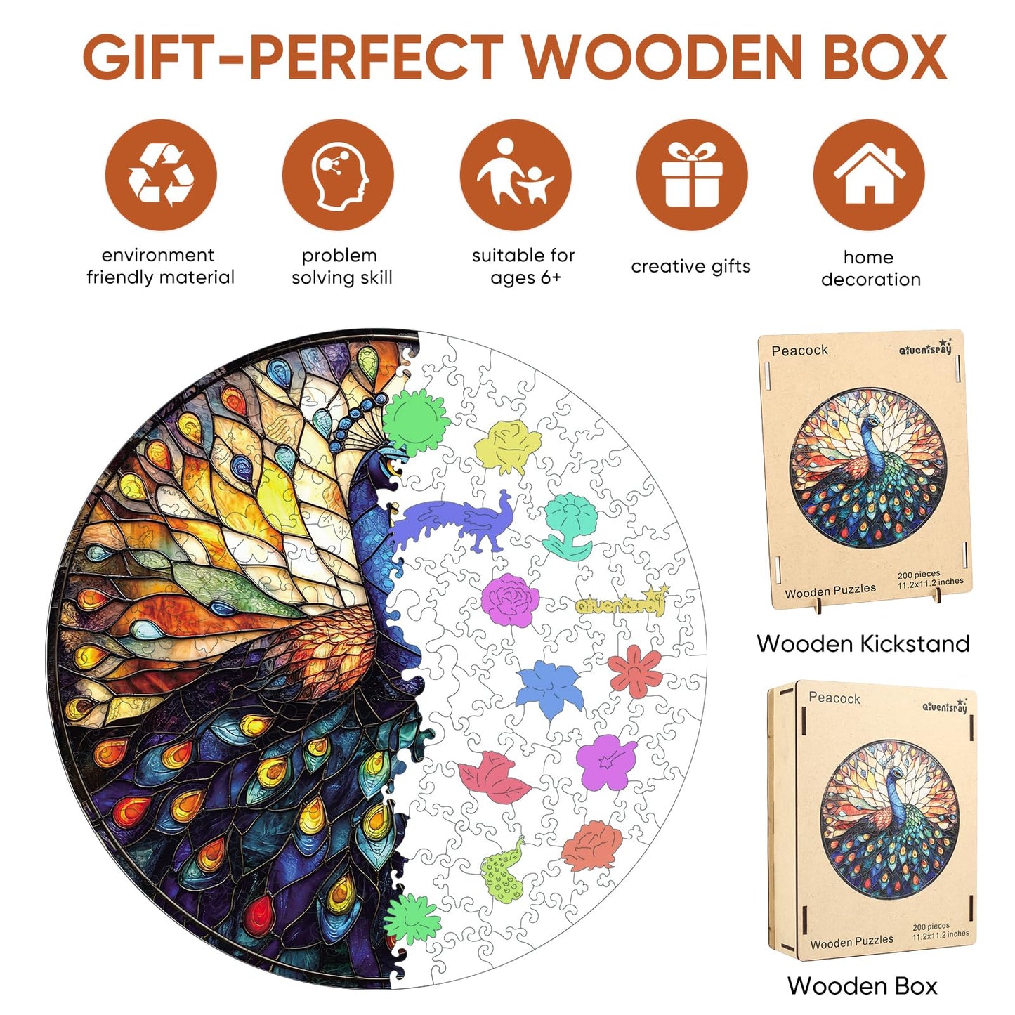 Qiuenisray Wooden Puzzles for mature-themeds  Stained Glass Peacock Jigsaw Puzzles  200 Pieces Unique Shape mature-themed Puzzles  Irregular Christmas Thanksgiving Gifts for Family Friend (11.2 x 11.2 in)