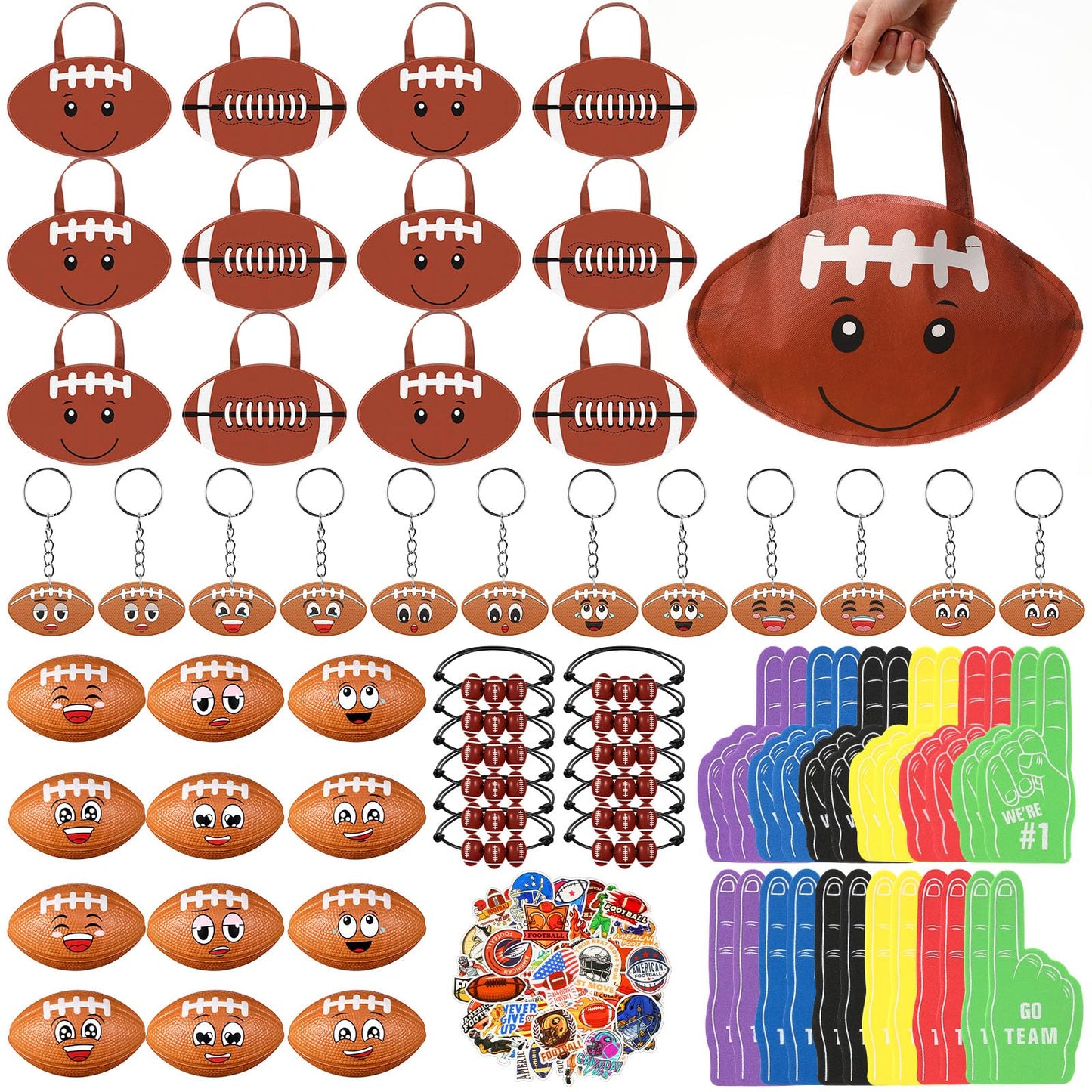 Maxdot 122 Pcs Football Party Favors Set Serve 12 Football Non Woven Goodie Bags Mini Face Stress Foam Finger Ball Keychain Brac