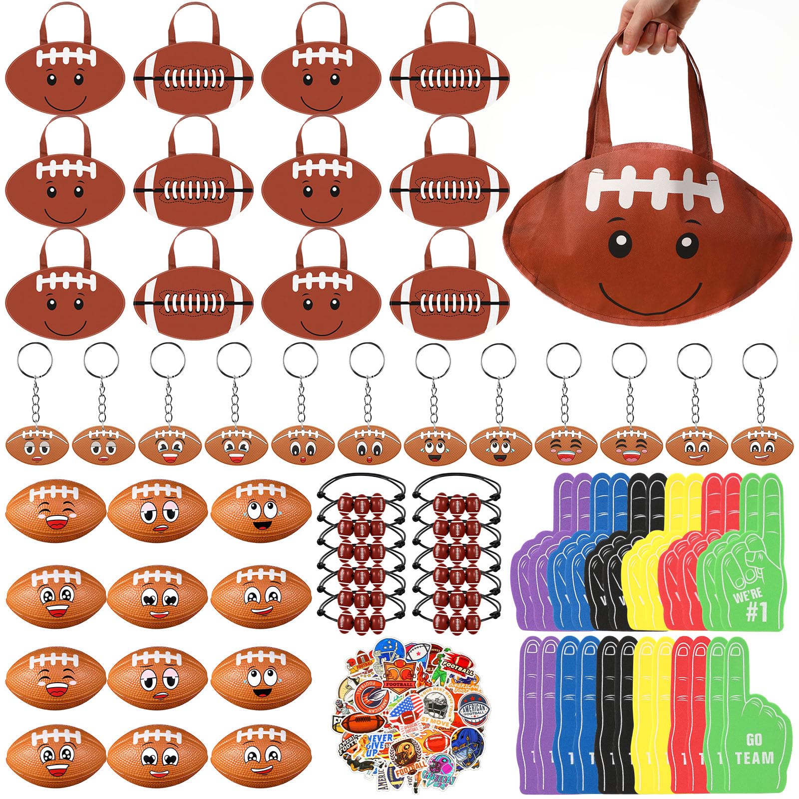 Maxdot 122 Pcs Football Party Favors Set Serve 12 Football Non Woven Goodie Bags Mini Face Stress Foam Finger Ball Keychain Brac