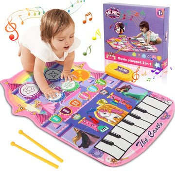 2 In 1 Piano Drum Babies Play Mat, Piano Keyboard & Drum Animal Touch Unicorn Knight Dinosaur Toys, Early Educational Musical Le