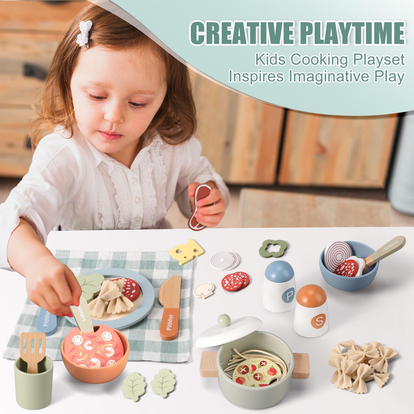 Pithfor Wooden Play Cooking Set, Pretend Play Kitchen Accessories Toys Set for Kids Toddlers, Including Play Dishes, Pot and Pan