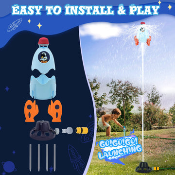 Outdoor Water Sprinkler For Kids & Toddlers - Rocket Design Water Powered Liftoff 9-16Ft & Spin, Outside Kids Sprinkler For Yard Pool Garden - Summer Water Toys Birthday Gift