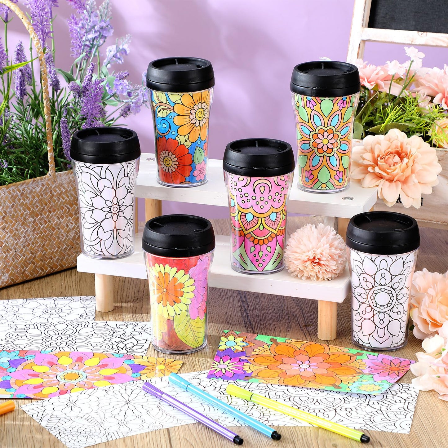 Yiyiring Set of 12 Mandala DIY Color Your Own Cups Diwali Mandala Crafts 10 oz Painting Coloring Cups Color Your Own Plastic Mug