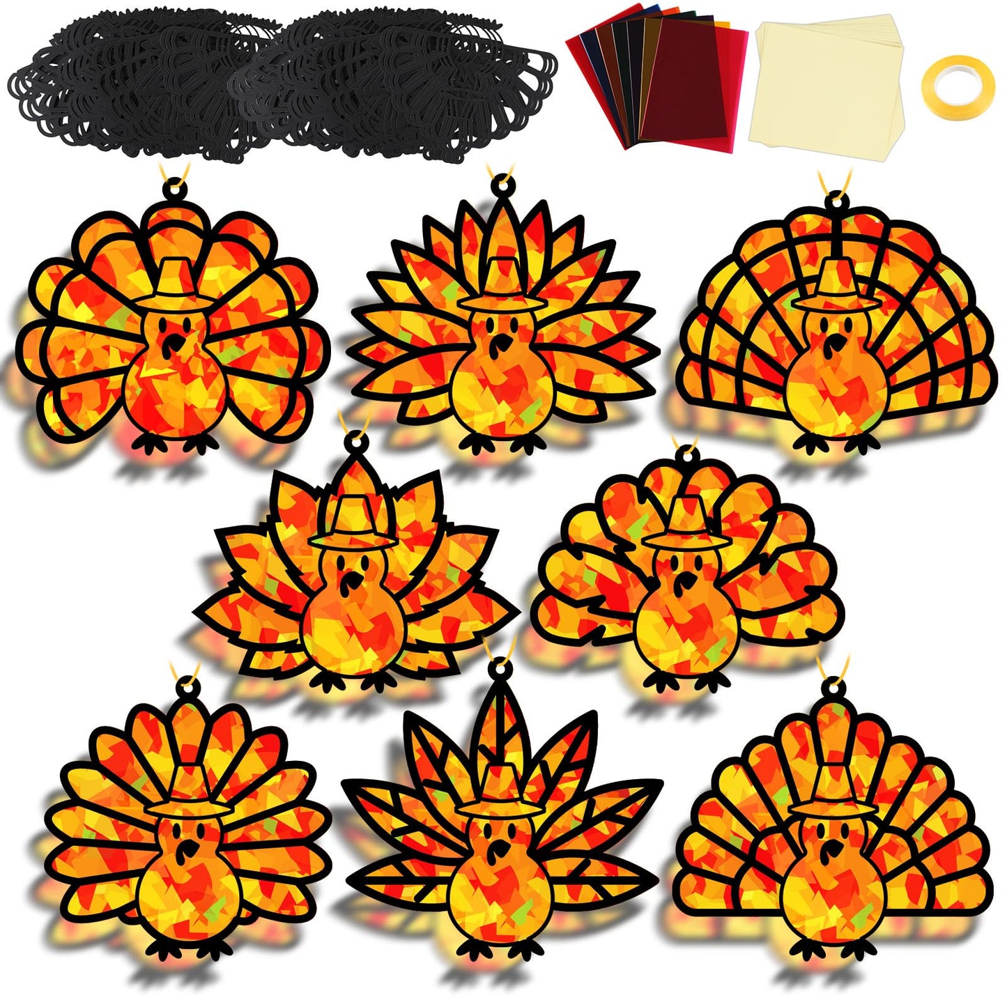 32 Sets Thanksgiving Turkey Suncatchers Craft Kit DIY Window Stained Glass Effect Thanksgiving Turkey Paper Crafts Home School C