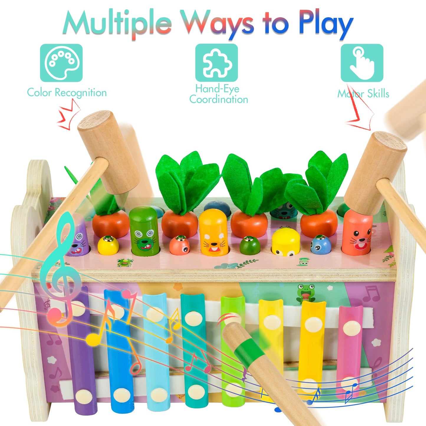 Amtreen 6-In-1 Wooden Montessori Toys For 1 Year Old, Whack-A-Mole Game | Play The Xylophone | Frog Clock | Carrot Harvest Game | Spinning Gear, Toddler Toys Aged 1-4, Baby Toy Gift For Early Learning