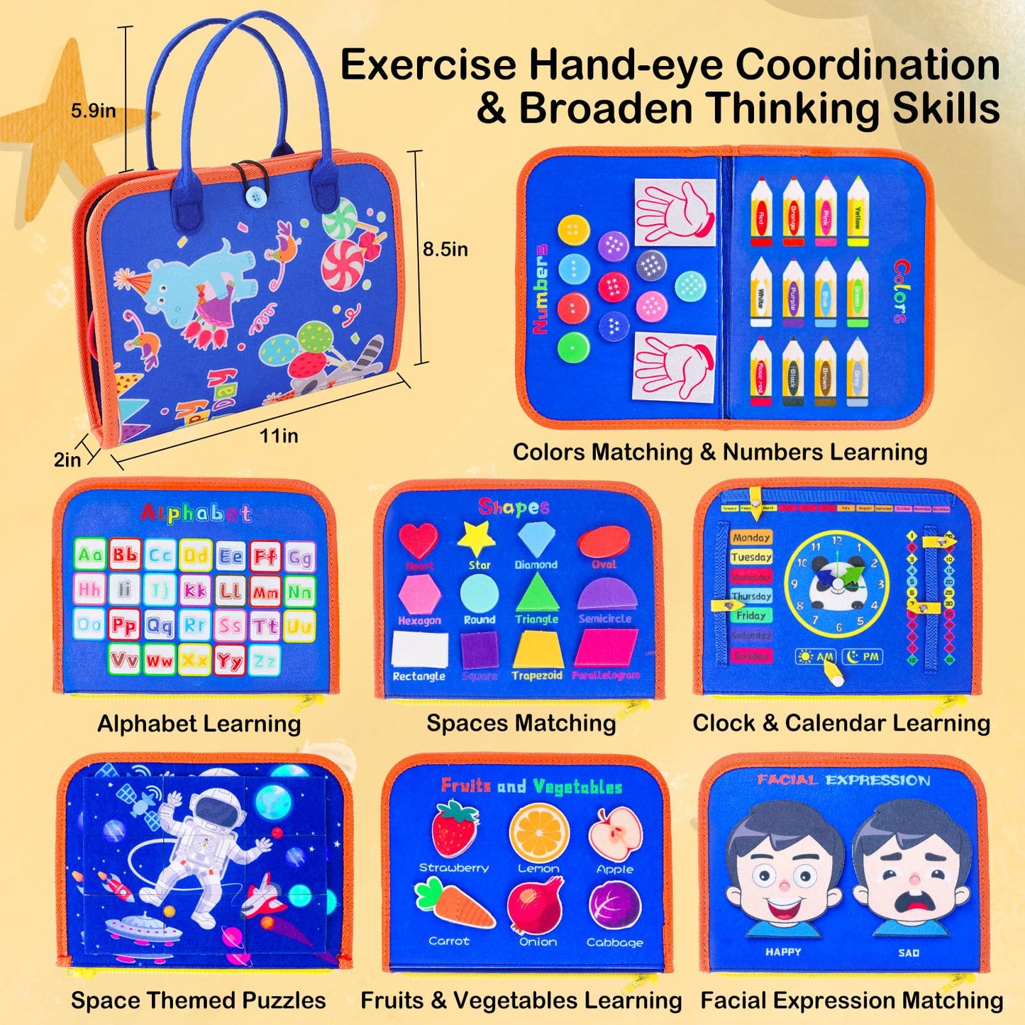 Besnel Busy Board For Toddlers 2-4,Busy Book For Toddlers 1-3,Preschool Educational Activity Sensory Board For Learning Fine Motor Skills,Zipper Board For Toddlers 1-3,Gifts For Boys Girls