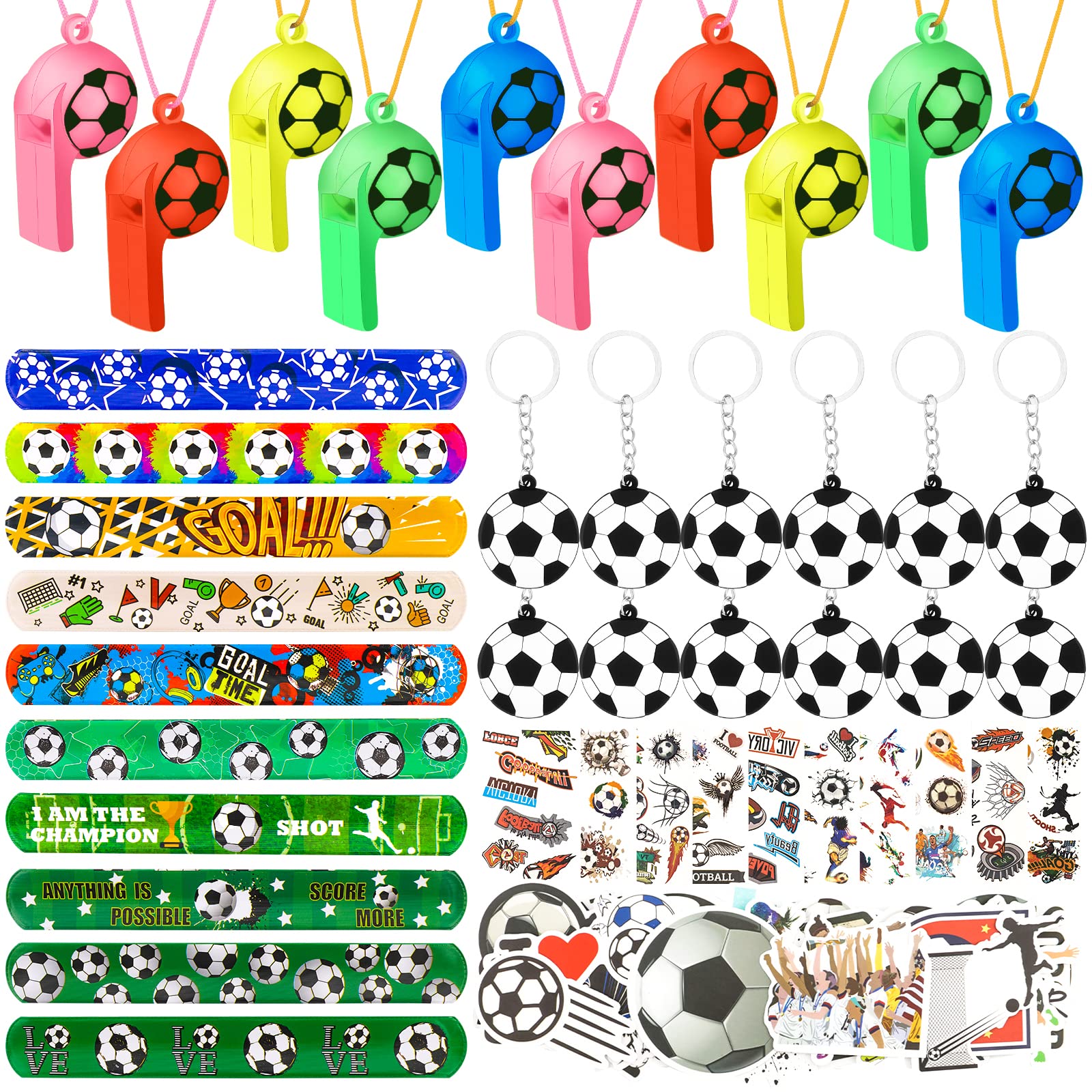 DoYoDoYa Soccer Party Favors Set 96Pcs - Slap Bracelet, Keychain, Tattoos, Toy Whistle - Sports Party Favors for Kids Boys