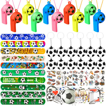 DoYoDoYa Soccer Party Favors Set 96Pcs - Slap Bracelet, Keychain, Tattoos, Toy Whistle - Sports Party Favors for Kids Boys