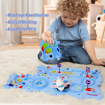 Xazastov Puzzle Track Car Play Set, Plastic Floor Puzzles For Kids Ages 3-5 With Vehicles, Electric Trolley Puzzle, Toys Gifts F