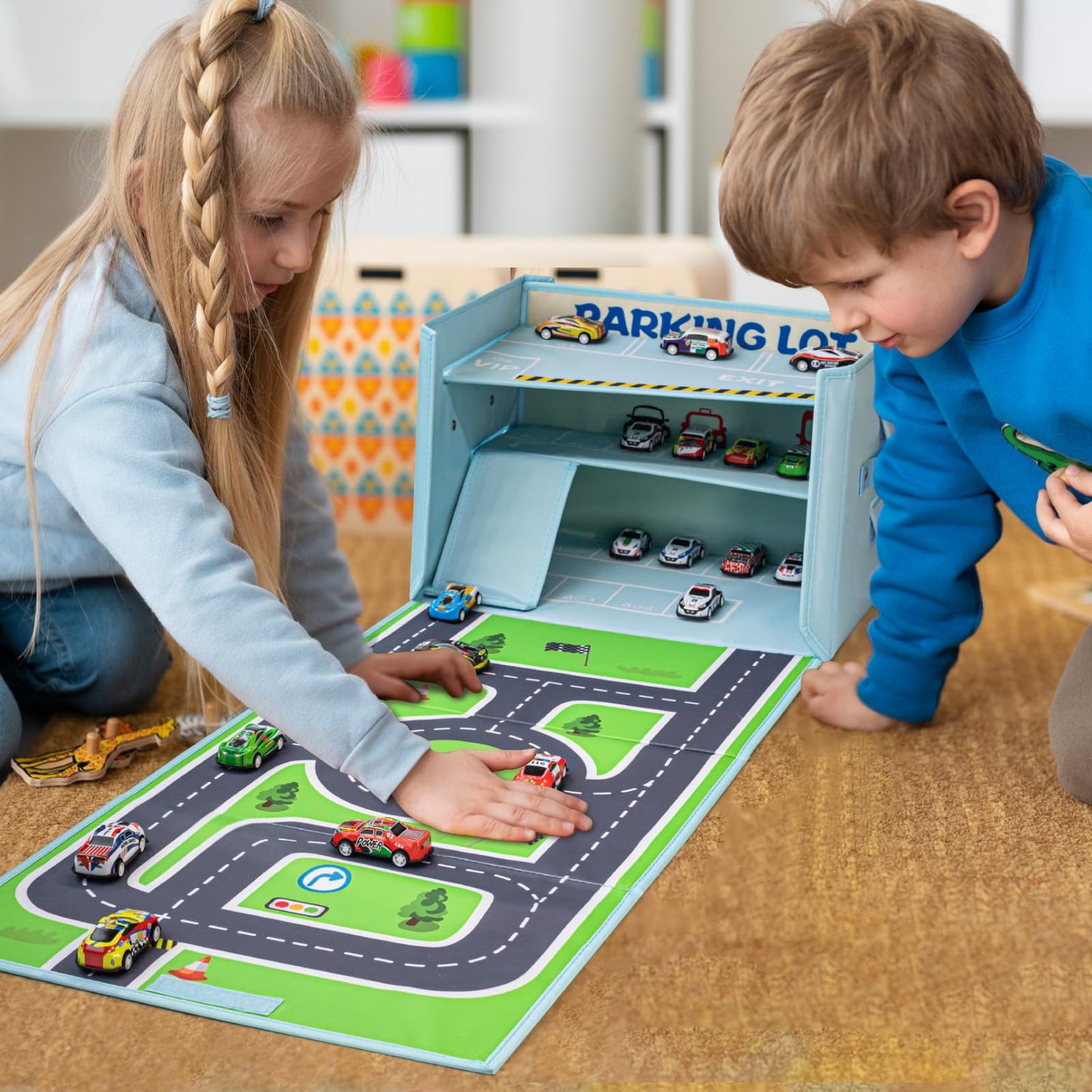 Livememory Toy Car Garage Box - Blue Fabric Storage with Play Mat (Cars Not Included)