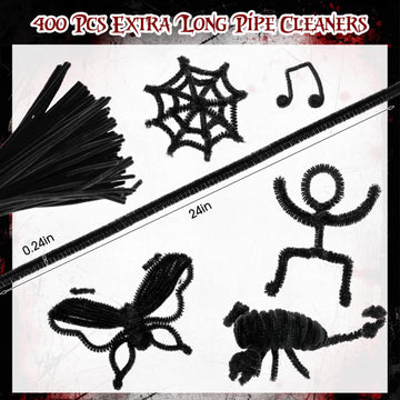 RoundFunny 400 Pcs 24 Inch Extra Long Black Pipe Cleaners Chenille Stem Thick Fluffy Pipe Cleaners Craft Supplies for Halloween
