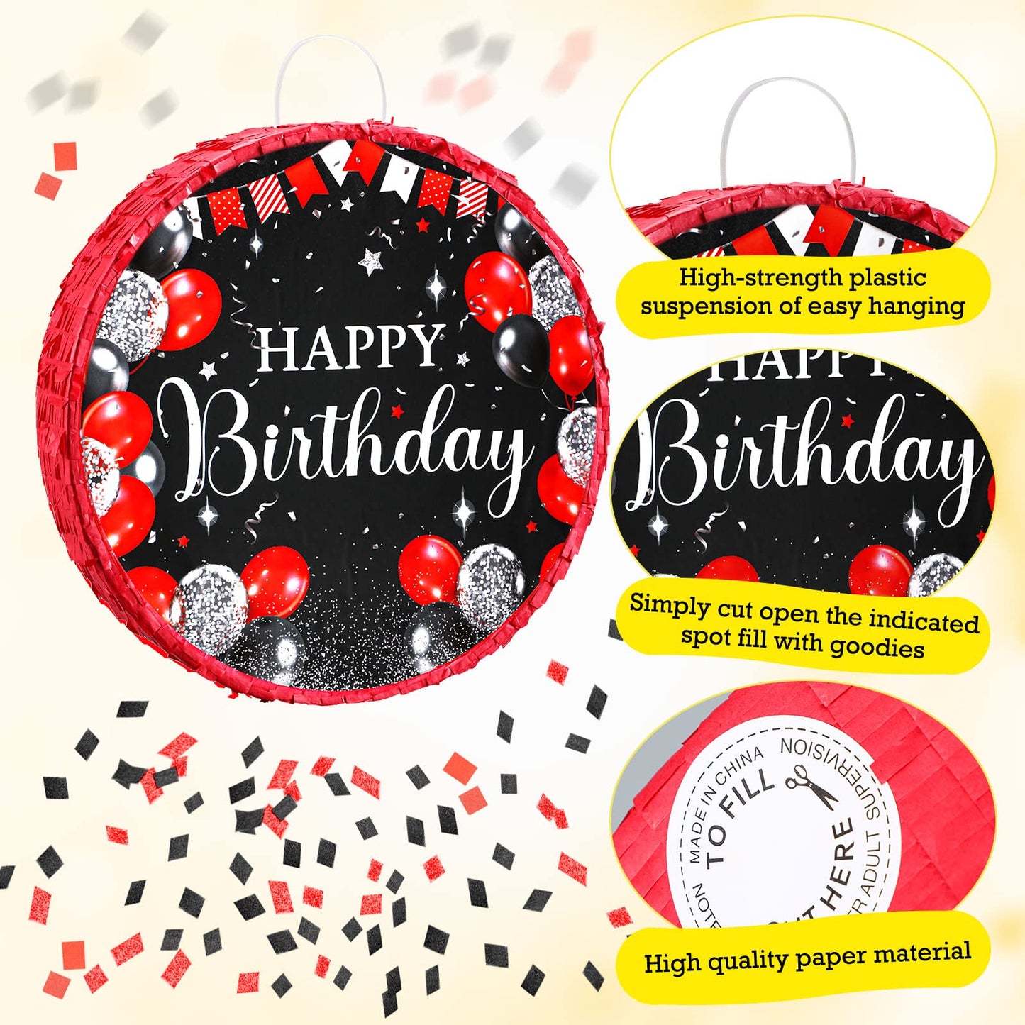 Sinmoe Birthday Piata with Stick Blindfold and Confetti for Boys Girls Men Women Birthday Party Supplies(Red and Black)