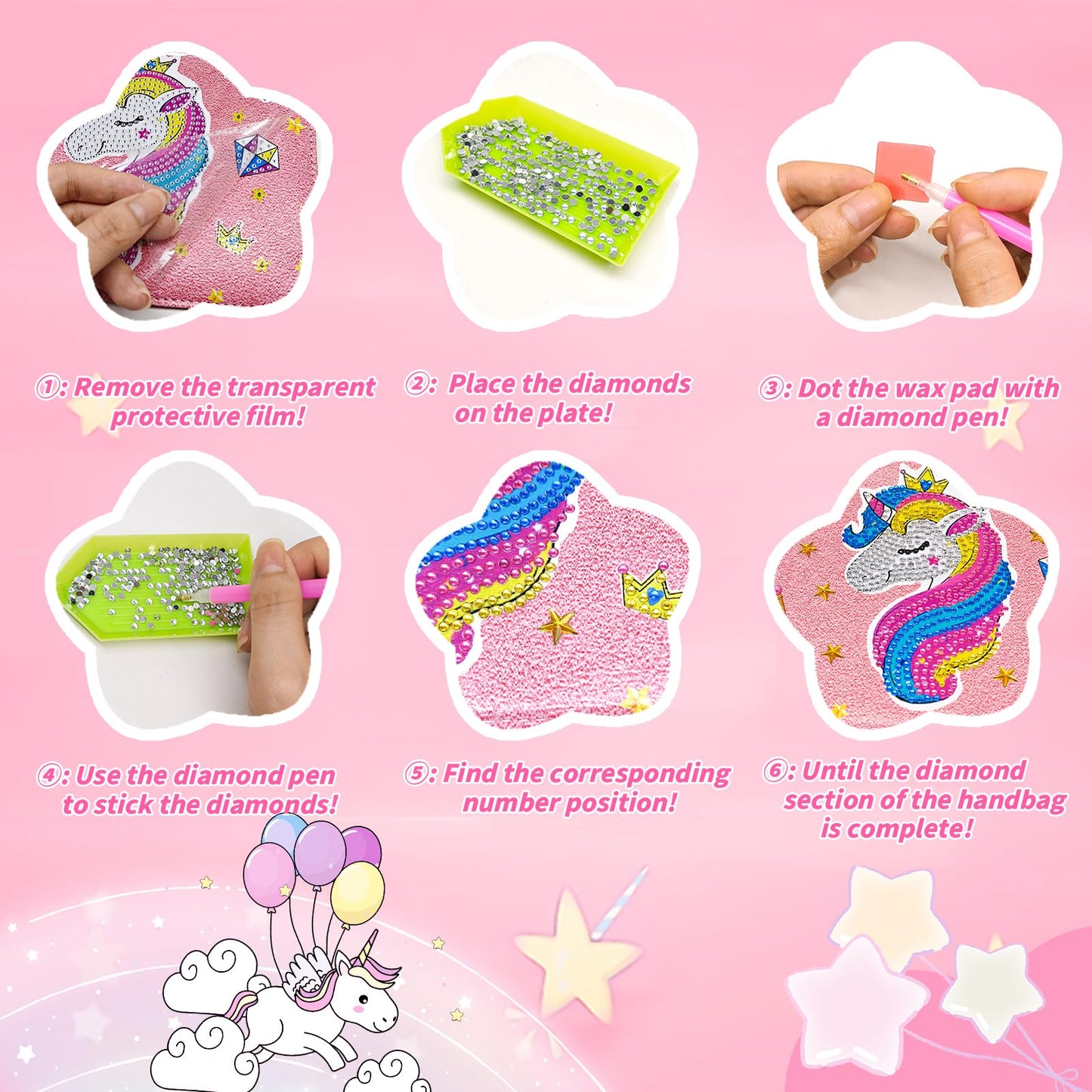 Unicorn Diamond Purse Kit for 5 6 7 8 9 Year Old Girls - Diamond Craft Purse with Sticker Earrings Hair Clips Bracelet Necklace