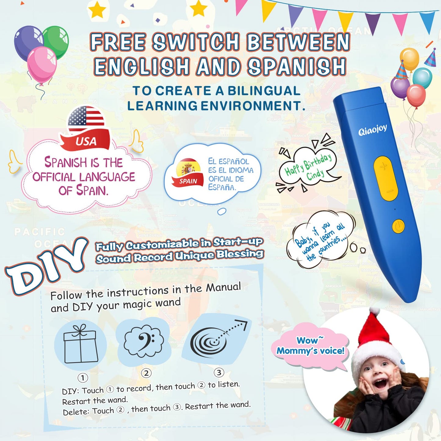Bilingual Interactive Kids Talking World Map & Dinosaur Poster for Kids Learning and Educational Toys, Talking Educational Toys
