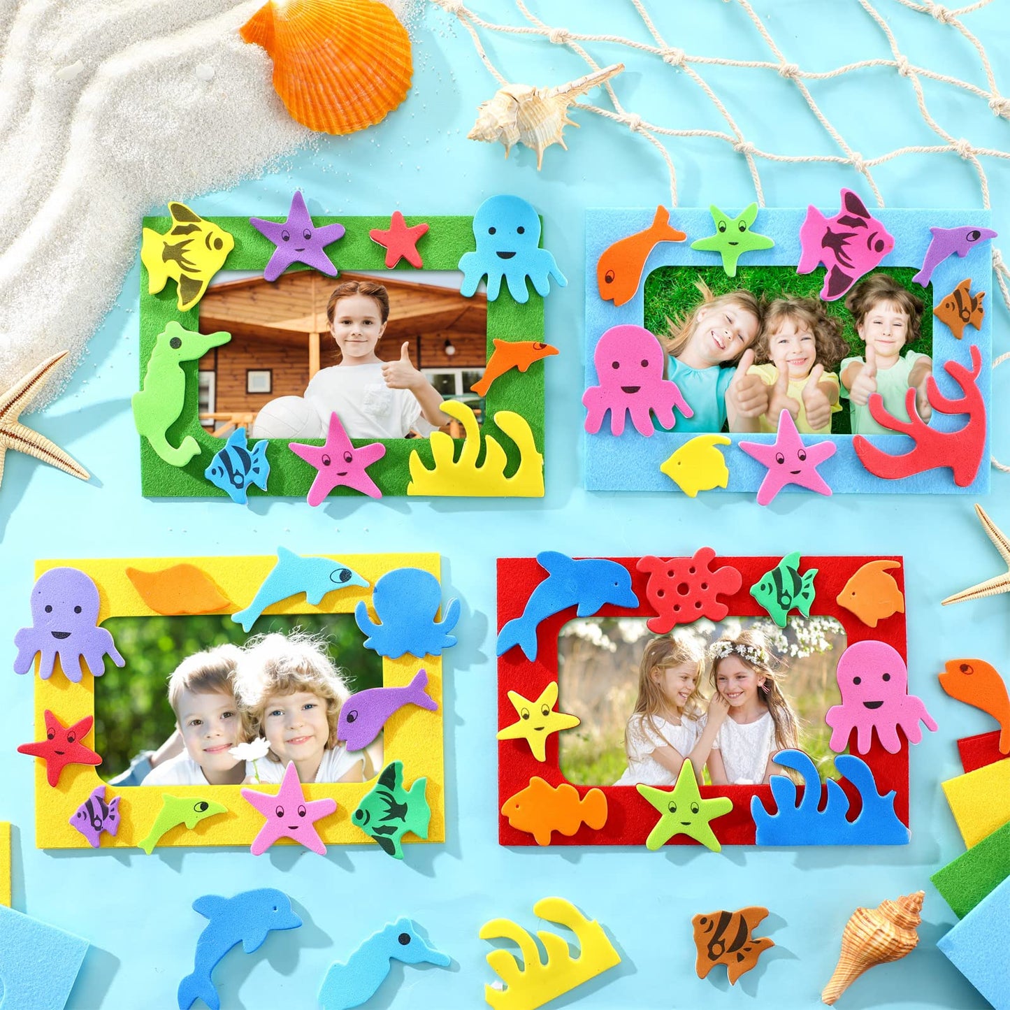 Marsui 232 Pieces Summer Ocean Beach DIY 5 x 7 Picture Frame Craft Kit 32 Summer Under The Sea Felt Photo Frames and 200 Foa