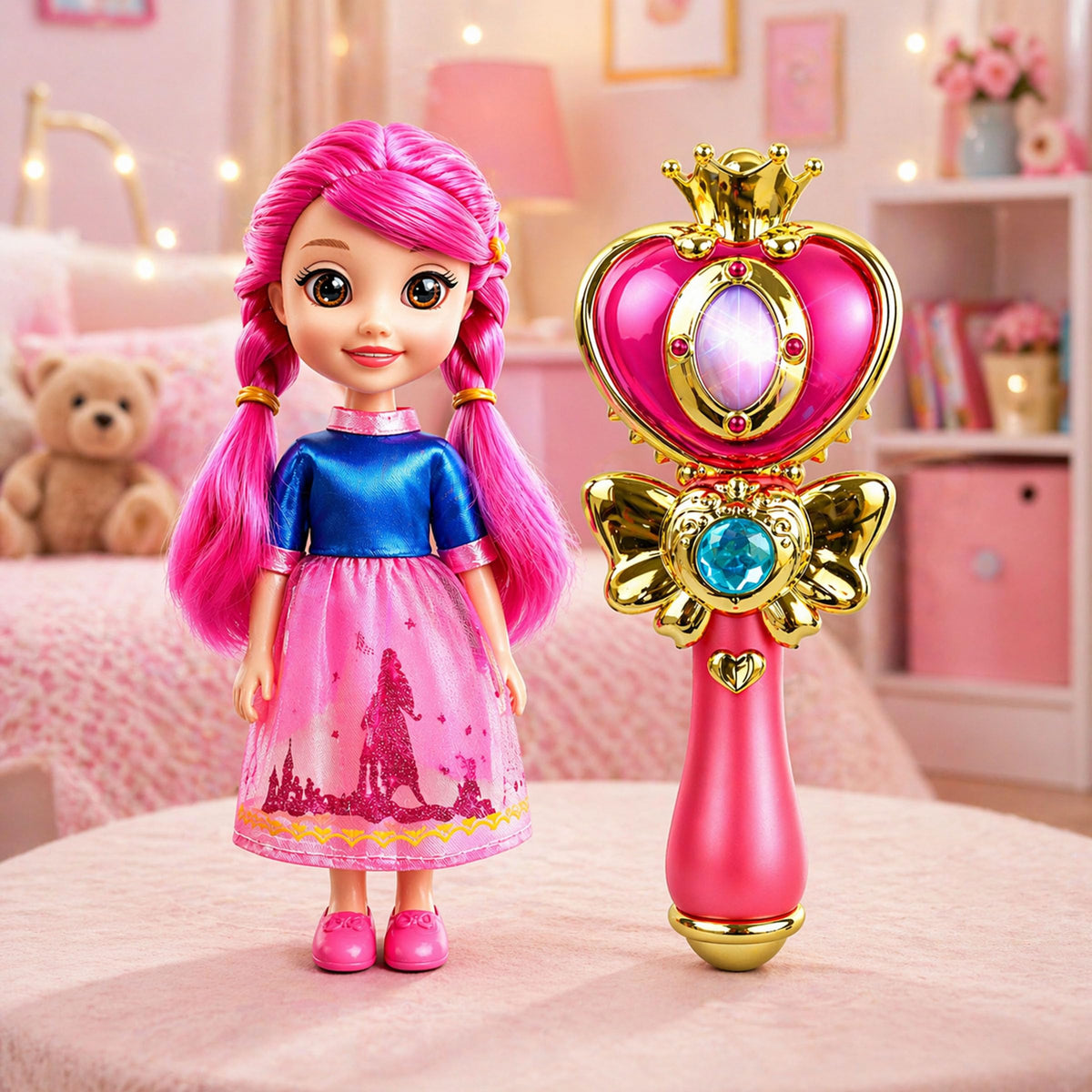 Toyshine Pack of 2 Magic Wand and Doll Combo for Girls, Pink Dazzler, Musical Toy with Soothing Lights and Shining Surface