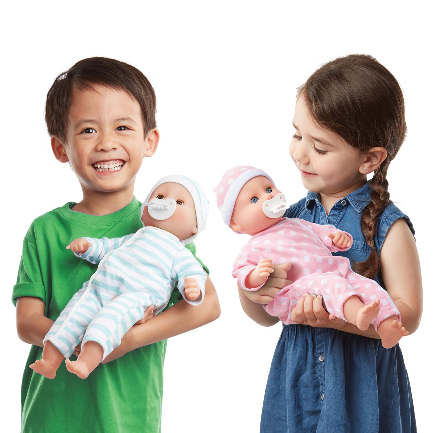 Melissa & Doug Mine to Love Twins Luke & Lucy 15" Light Skin-Tone Baby Dolls with Rompers & Caps, Ideal for Toddlers 18 Months+
