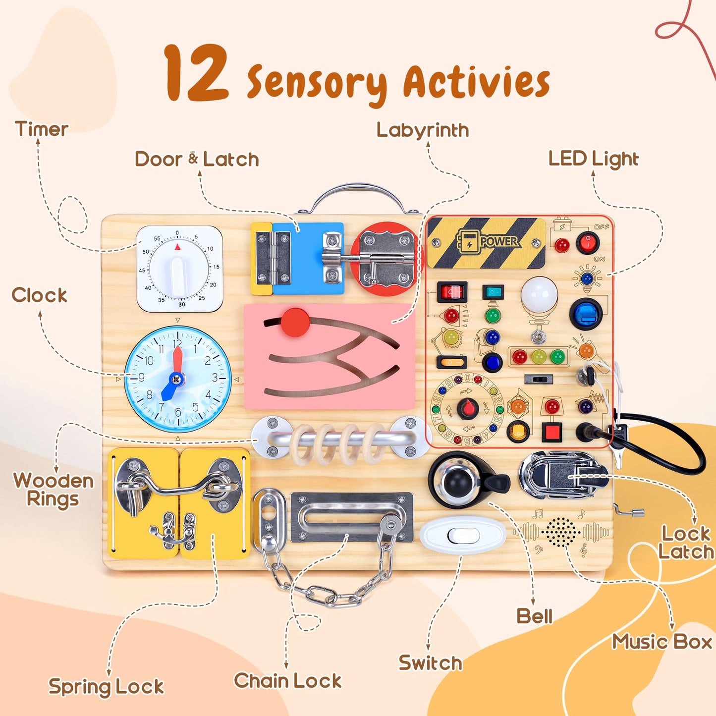 iHarPro 25 in 1 Busy Board - Wooden Montessori Sensory Toy, 17.7" x 7.8", Brown, with LED Light Switches for Toddlers 1